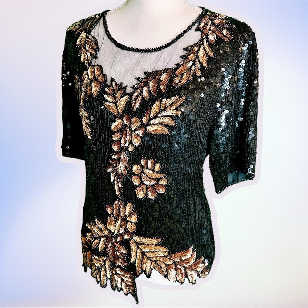 Stenay Vintage 80’s 100% Silk Black & Gold Beaded Sequin Leaf Patterned Top Sz S
